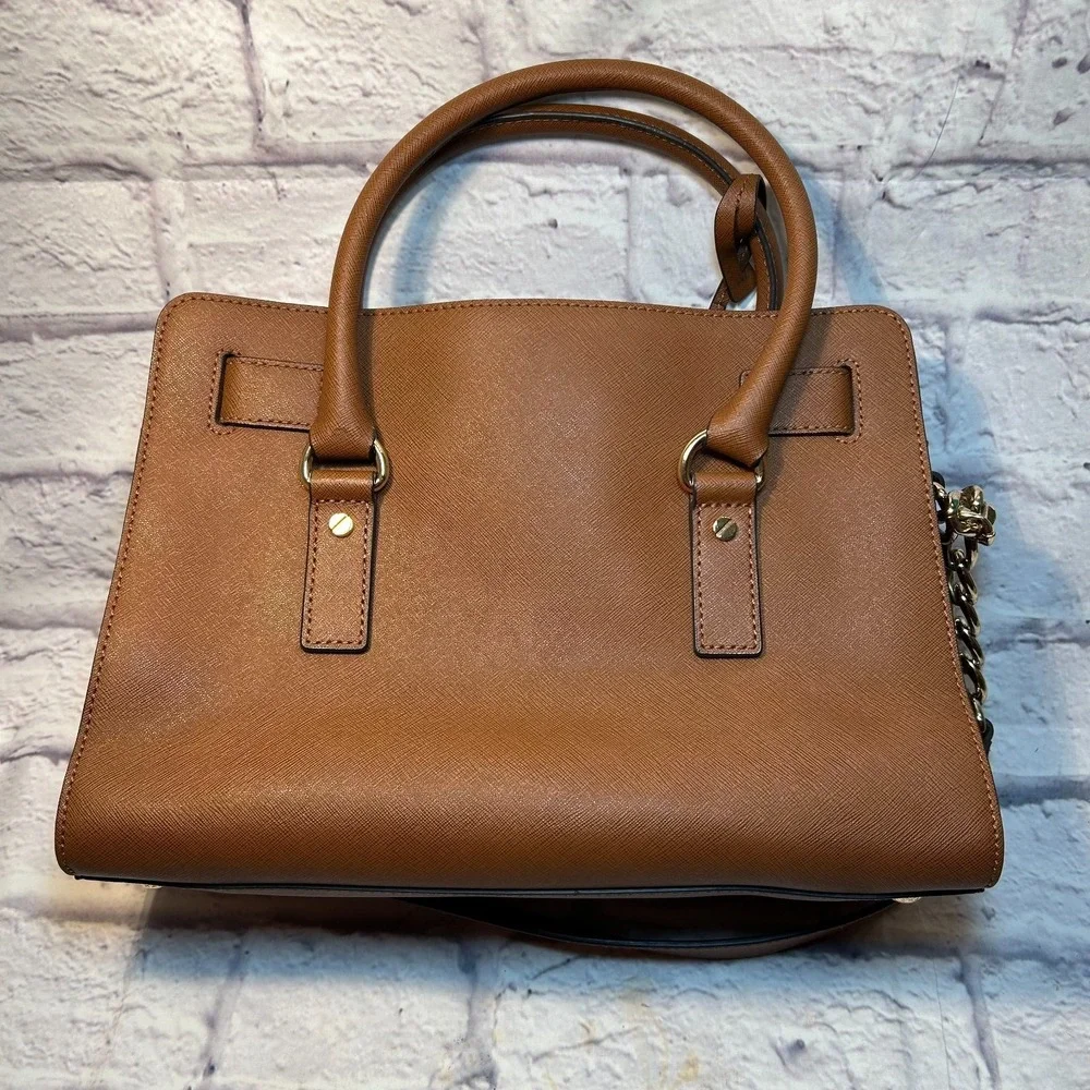 Michael Kors Hamilton Satchel Bag Brown Center Stripe Luggage Saffiano Leather